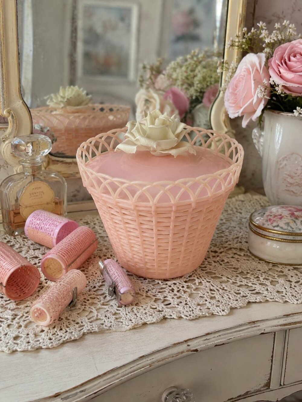 Vintage 1950s Made in France Pink Hair Roller Basket Rose Lid Vanity Decor